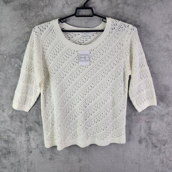Womens Ivory White Emily Daniels Open-Knit Sweater 3/4 Sleeve Round Neck Size XL - Picture 2 of 13